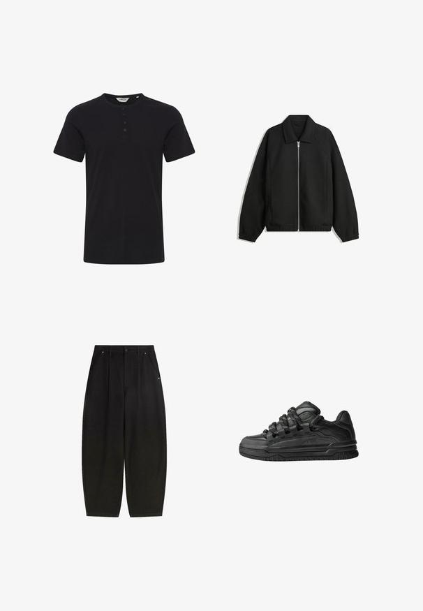 Črna jakna iz teksturirane tkanine, z dvostranskim zadrgo spredaj, ovratnikom in elastičnimi manšeti, sproščenega kroja in stranskimi žepi.; Črna bombažna majica s krojaškim izrezom, kratkimi rokavi in zapenjanjem s tremi gumbi. Gladka tekstura, minimalističen dizajn in brez vzorcev.; Črne široke hlače z sprednjimi žepi, nabranim dizajnom in čistim zaključkom. Narejene iz teksturirane tkanine z gumbom za zapiranje.; Črne superge z gladkim usnjenim zgornjim delom, teksturiranimi detajli in okroglimi črnimi ter belimi vezalkami. Debel gumijast podplat z vzorčastim profilom.