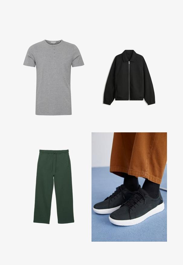 Čierna bunda vyrobená z textúrovaného materiálu, s plným predným zipsom, golierom a elastickými manžetami, so voľnejším strihom a bočnými vreckami.; Sivé tričko s krátkym rukávom vyrobené z jemnej látky, s okrúhlym výstrihom a detailom na prednej strane so štyrmi gombíkmi.; Tmavo zelené dámske široké tepláky s elastickým pásom, šnúrkou a bočnými vreckami, prezentované na bielom pozadí.; Čierne zamatové tenisky s bielymi gumovými podrážkami, so šnurovacím dizajnom, textúrovanými akcentami a decentným brandingom, skombinované s hnedými nohavicami.