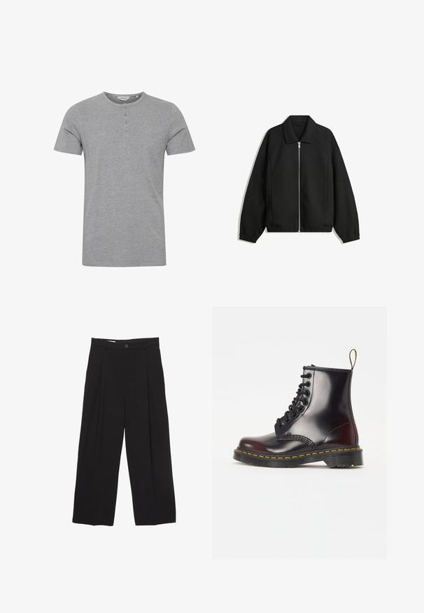 Giacca nera in tessuto texturizzato, con zip frontale a tutta lunghezza, colletto e polsini elasticizzati, dalla vestibilità rilassata e con tasche laterali.; T-shirt grigio a maniche corte realizzato in tessuto morbido, con scollatura rotonda e dettagli con quattro bottoni sulla parte anteriore.; Pantaloni neri a gamba larga realizzati in tessuto morbido, con vita piatta, pinces frontali e chiusura con un bottone.; Stivale alla caviglia in pelle nera con finitura lucida, punta tonda, design di allacciatura con sette occhielli e caratteristiche cuciture gialle lungo la suola.