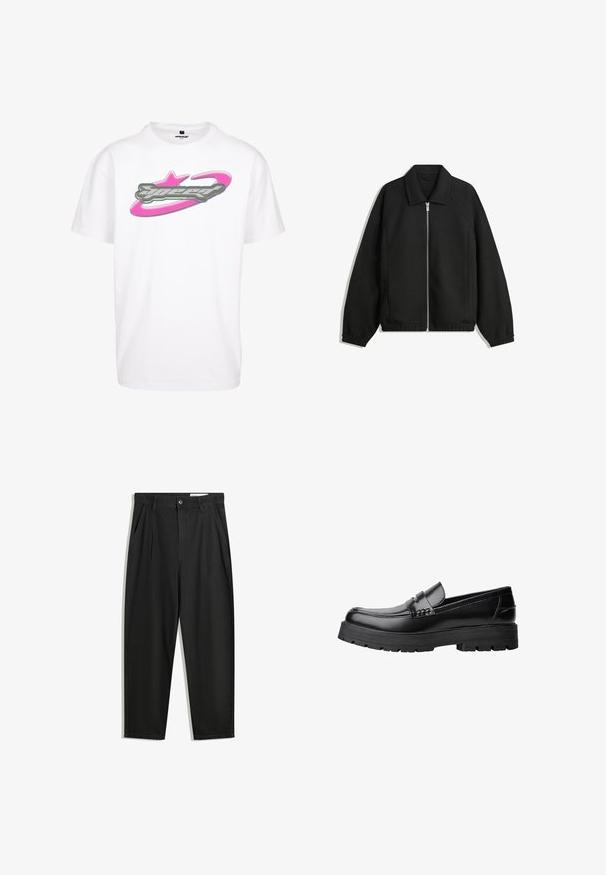 Czarna kurtka z teksturowanej tkaniny, z pełnym zamkiem z przodu, kołnierzem i elastycznymi mankietami, o luźnym kroju i kieszeniach po bokach.; Biała bawełniana koszulka z dużą szaro-różową grafiką "speed" przedstawiającą gwiazdę i wzór orbity na przodzie.; Czarne bawełniane spodnie o luźnym kroju, z klasycznym pasem, przednimi plisy oraz bocznymi kieszeniami. Gładka struktura, bez wzorów.; Czarne skórzane mokasyny z grubą, bieżnikowaną podeszwą i dekoracyjnym paskiem na górze, pokazane w lewym profilu na białym tle.