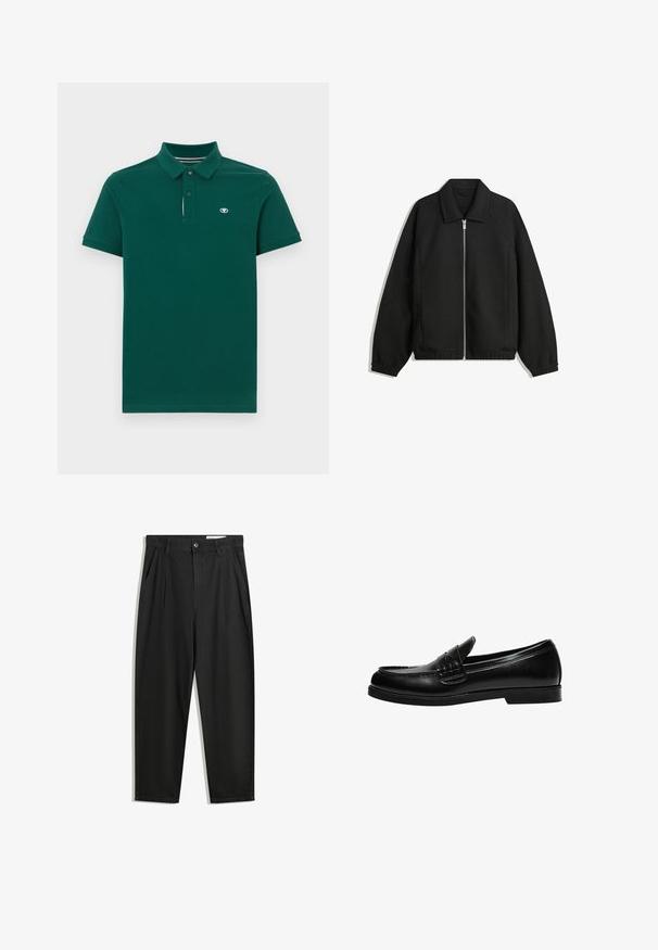 Zwarte jas van textuurstof, met een volledige rits aan de voorkant, een kraag, elastische manchetten, een ontspannen pasvorm en zijzakken.; Donkergroene polo shirt van stevig katoen, met een kraag, een drie-knopensluiting en een klein logo op de borst.; Zwarte katoenen broeken met een losse pasvorm, voorzien van een klassieke tailleband, voorplooien en zijzakken. Gladde structuur zonder patronen.; Zwarte leren loafers met een gladde afwerking, voorzien van stiksel op de voorkant en een lage, stevige zwarte rubberen zool.