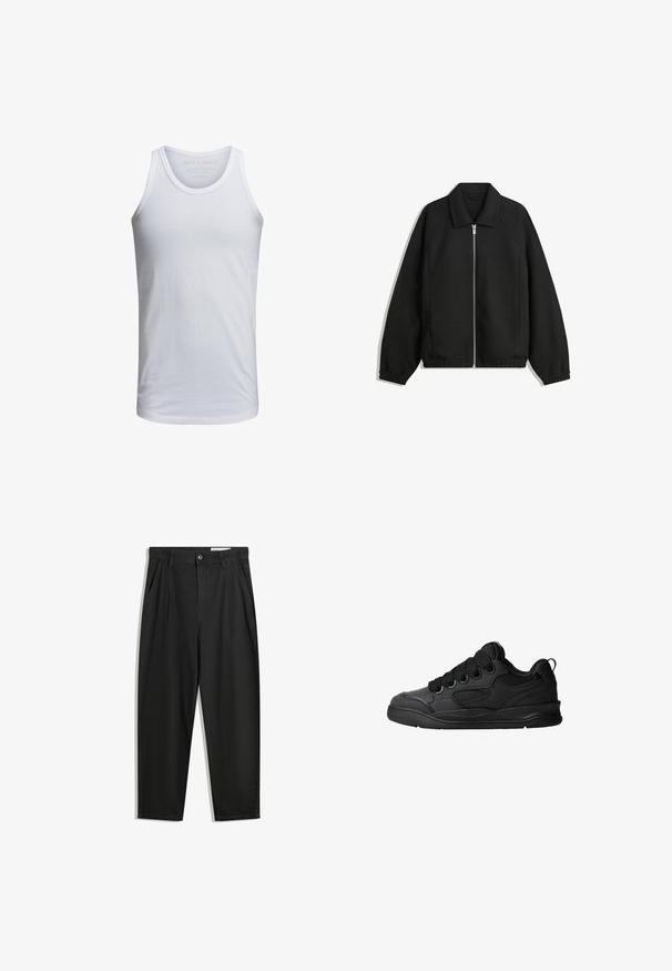 Černá bunda vyrobená z texturované látky, s plným předním zipem, límcem a elastickými manžetami, s volným střihem a bočními kapsami.; Bílý bavlněný top na ramínka s kulatým výstřihem, širokými ramínky a minimálním logem vytištěným uvnitř límce. Měkká textura, volný střih.; Černé bavlněné kalhoty s uvolněným střihem, klasickým pasem, předními záhyby a bočními kapsami. Hladká textura bez vzorů.; Černé tenisky s texturovaným svrškem, obsahující šněrování, síťované detaily pro prodyšnost, polstrovaný límec a pevnou podrážku.