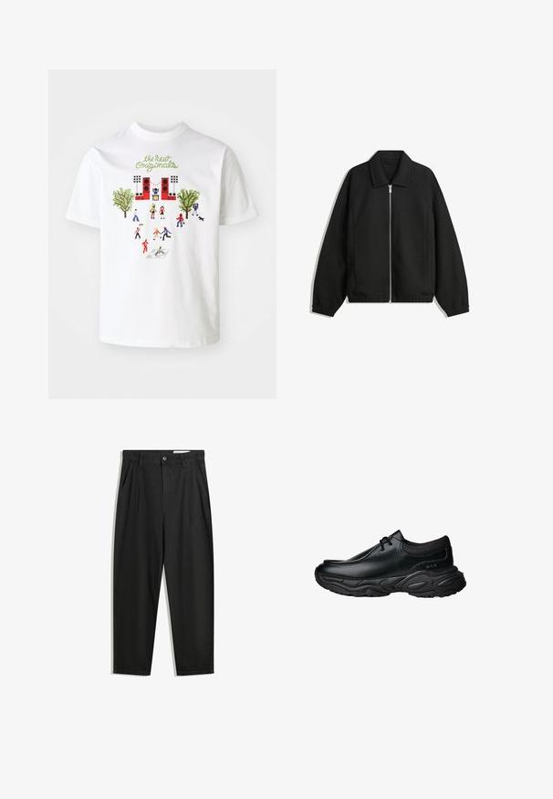 Černá bunda vyrobená z texturované látky, s plným předním zipem, límcem a elastickými manžetami, s volným střihem a bočními kapsami.; Bílý bavlněný tričko s barevným grafickým motivem lidí, stromů a pódia, s textem "the new Originals" v zelené barvě nad designem.; Černé bavlněné kalhoty s uvolněným střihem, klasickým pasem, předními záhyby a bočními kapsami. Hladká textura bez vzorů.; Černé kožené nazouvací boty s kulatou špičkou a silnou texturovanou gumovou podrážkou. Mají jemné švy a elastické akcenty kolem límce.