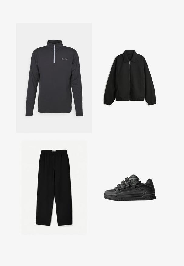 Fekete kabát texturált anyagból, teljes elöl cipzárral, gallérral és rugalmas mandzsettákkal, laza szabással és oldalsó zsebekkel.; Fekete, hosszúujjú pulóver negyedzippes nyakkal. Bal mellen logó található, sima, könnyű anyagból készült.; Fekete, bő szárú nadrág könnyű anyagból. Rugalmas derékrésszel és sima felülettel rendelkezik. Nincsenek látható minták vagy hardverelemek.; Fekete sportcipők sima bőrből készült felső résszel, struktúrált kiegészítőkkel, valamint kerek fekete és fehér fűzőkkel. Vastag gumitalp mintázott bordázattal.