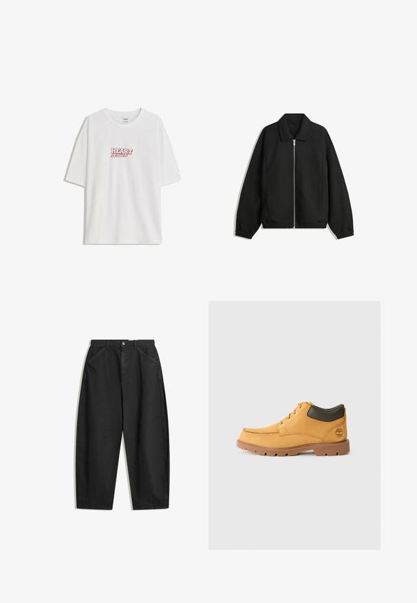 Crna jakna izrađena od teksturirane tkanine, s punim prednjim zatvaračem, ovratnikom i elastičnim manžetama, opuštenog kroja i bočnim džepovima.; Bijela pamučna majica s opuštenim krojem koja ima crveni natpis "HEART struck" u centru na prsima. S kraticom rukavima i okruglim izrezom.; Crne hlače širokog kroja od pamuka, s visokim strukom, prednjim džepovima i suptilnim prekošavima. Glatka tekstura bez uzoraka.; Žute kožne cipele s smešnim gumenim potplatom, okruglim vrhom i zelenim kožnim detaljem oko gležnja. Imaju zlatne rupice za vezivanje i ukrasne šavove.