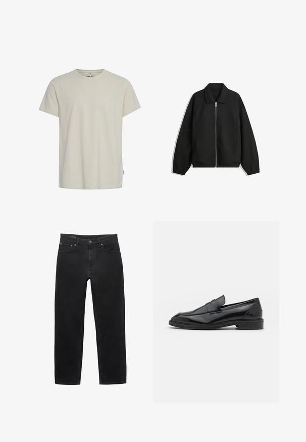 Musta takki, joka on valmistettu teksturoidusta kankaasta ja jossa on koko etuvetoketju, kaulus ja joustavat hihansuut. Takissa on rento istuvuus ja sivutaskut.; Vaaleanbeige puuvillainen t-paita, jossa on pyöreä kaula-aukko ja lyhyet hihat. Rinnassa on pieni logo ja suora helma. Sileä rakenne.; Mustat farkut, joissa on suora lahje, etuvetoketju nappikiinnityksellä ja klassinen viiden taskun malli.; Musta nahkakengät, joissa on sileä pinta, pyöristetty varvas ja kapea nauha päällä. Matala paksu kanta.