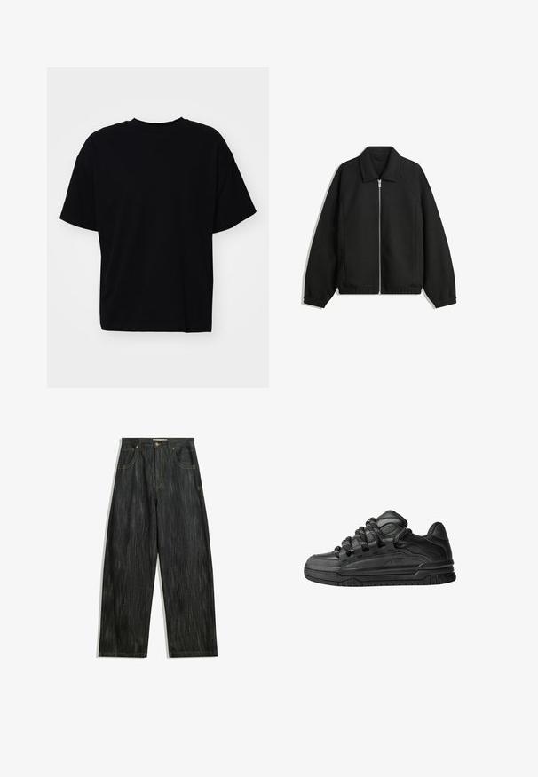 Čierna bunda vyrobená z textúrovaného materiálu, s plným predným zipsom, golierom a elastickými manžetami, so voľnejším strihom a bočnými vreckami.; Weekday GREAT BOXY - Základné tričko - black; Tmavé džíny s voľným strihom, so subtílnou vertikálnou textúrou, žltým prešívaním, piatimi vreckami a klasickým zapínaním na gombík.; Čierne tenisky s hladkým koženým zvrškom, štruktúrovanými akcentami a okrúhlymi čierno-bielymi šnúrkami. Hrubá gumená podrážka s vzorovaným dezénom.