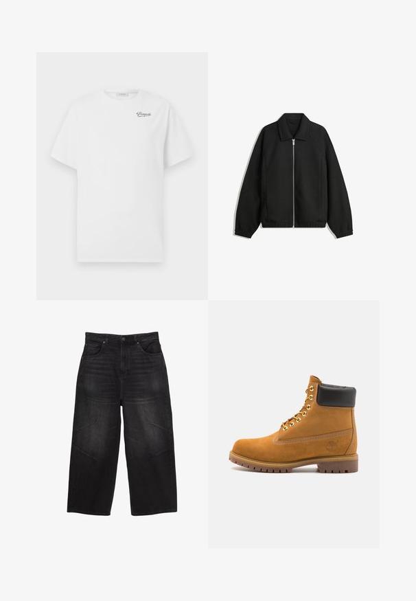 Sort jakke lavet af struktureret stof, med fuld frontlynlås, krave og elastiske mansjetter, i en afslappet pasform og sidelommer.; Hvid bomulds t-shirt med korte ærmer, rund hals, med et sort "Pompeii" logo på venstre bryst. Blød, glat tekstur.; Sorte denim bukser med bred benvidde har høj talje, fem lommer, subtil slidtage og syede detaljer på ydre lår.; Tan nubuck ankelstøvle med sort polstret krave, gyldne metaløjer, hvid syning detaljer og robust gummisål med udtalte slidbaner.