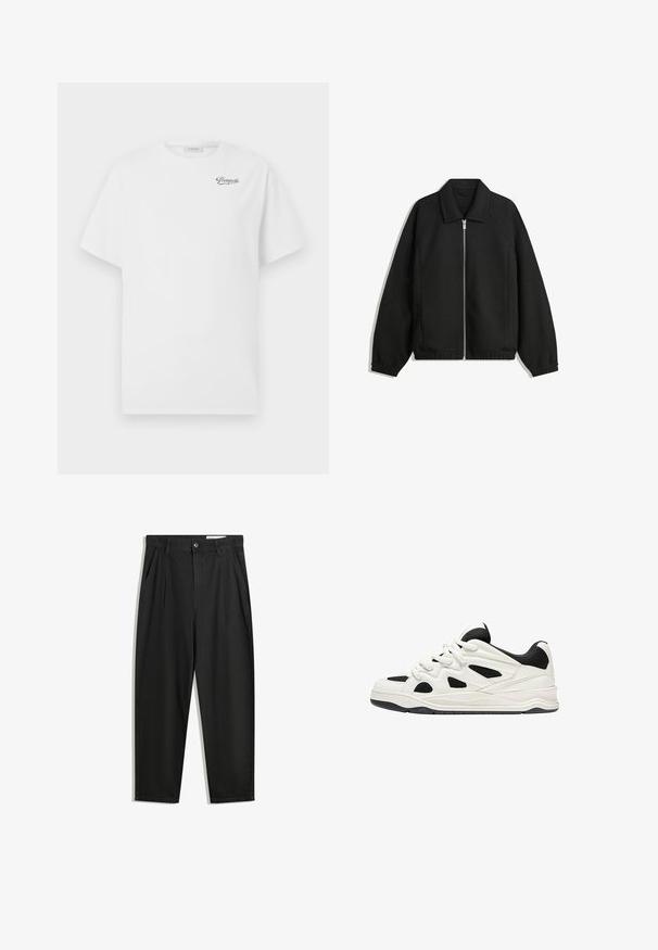 Črna jakna iz teksturirane tkanine, z dvostranskim zadrgo spredaj, ovratnikom in elastičnimi manšeti, sproščenega kroja in stranskimi žepi.; Bela bombažna majica s kratkimi rokavi in krožnim izrezom, ki na levi strani prsnega dela nosi črno "Pompeii" logotip. Mehka, gladka tekstura.; Črne bombažne hlače s sproščenim krojem, ki vključujejo klasičen pas, sprednje gube in stranske žepke. Gladka tekstura brez vzorcev.; Bele in črne športne čevlje z teksturiranim podplatom, ki vsebujejo izrezljane vzorce na straneh in vezalkah ter oblazinjeno zadnjo stran za podporo.