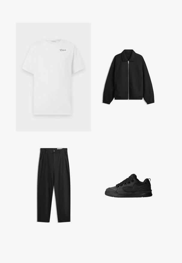 Czarna kurtka z teksturowanej tkaniny, z pełnym zamkiem z przodu, kołnierzem i elastycznymi mankietami, o luźnym kroju i kieszeniach po bokach.; Biała bawełniana koszulka z krótkim rękawem i okrągłym dekoltem, z czarnym logo "Pompeii" na lewej piersi. Miękka, gładka struktura.; Czarne bawełniane spodnie o luźnym kroju, z klasycznym pasem, przednimi plisy oraz bocznymi kieszeniami. Gładka struktura, bez wzorów.; Czarne sneakersy z teksturowaną cholewką, z sznurowadłami, siateczkowymi akcentami dla lepszej wentylacji, wyściełanym kołnierzem oraz solidną podeszwą.