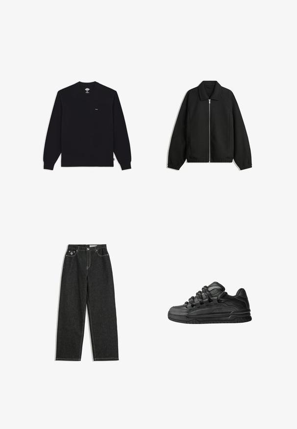 Musta takki, joka on valmistettu teksturoidusta kankaasta ja jossa on koko etuvetoketju, kaulus ja joustavat hihansuut. Takissa on rento istuvuus ja sivutaskut.; Mustapaita, jossa on pitkät hihat ja pyöreä kaula-aukko. Paita on valmistettu puuvillasta ja siinä on ribattu hihansuu, sekä pieni brändilogo rinnassa.; Mustat suorat farkut valkoisella ompelella, viisi taskua, nappi- ja vetoketjukiinnitys sekä pieni logo etu-oikeassa taskussa.; Mustat tennarit, joissa on sileä nahkapinta, teksturoituja yksityiskohtia ja pyöreät musta-valkoiset nauhat. Paksu kumipohja, jossa on kuvioitu pinta.