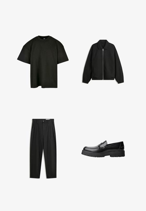 Černá bunda vyrobená z texturované látky, s plným předním zipem, límcem a elastickými manžetami, s volným střihem a bočními kapsami.; Černé oversized tričko z jemné bavlny. Má kulatý výstřih a krátké rukávy, s hladkou texturou a minimalistickým designem.; Černé bavlněné kalhoty s uvolněným střihem, klasickým pasem, předními záhyby a bočními kapsami. Hladká textura bez vzorů.; Černé kožené mokasíny s masivní podrážkou a dekoračním páskem přes horní část, zobrazené v levém bočním profilu na bílém pozadí.