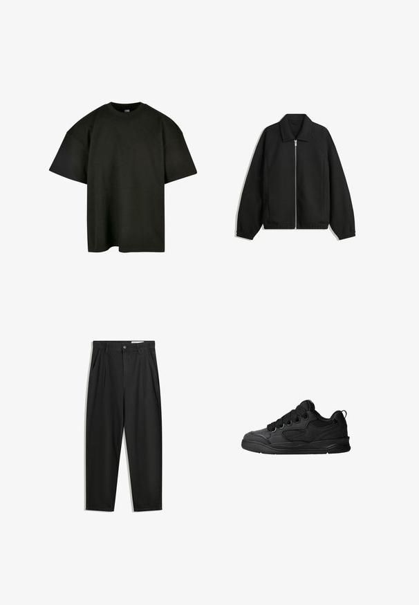 Črna jakna iz teksturirane tkanine, z dvostranskim zadrgo spredaj, ovratnikom in elastičnimi manšeti, sproščenega kroja in stranskimi žepi.; Črna oversize majica iz mehkega bombaža. Ima okroglo ovratnico in kratke rokave, z gladko teksturo in minimalističnim dizajnom.; Črne bombažne hlače s sproščenim krojem, ki vključujejo klasičen pas, sprednje gube in stranske žepke. Gladka tekstura brez vzorcev.; Črne superge z teksturiranim zgornjim delom, opremljene z vezalkami, mrežastimi dodatki za zračnost, oblazinjenim ovratnikom in trdnim podplatom.