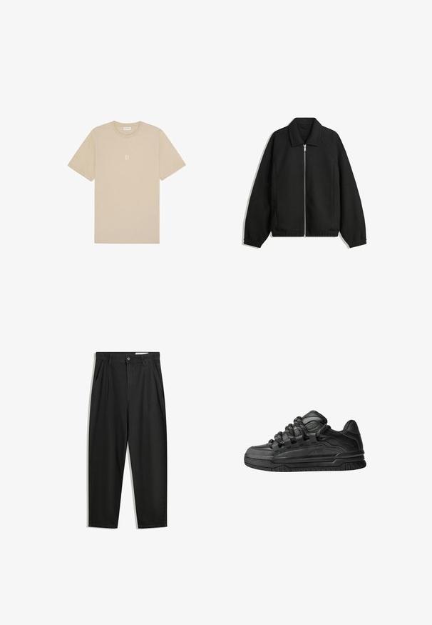 Zwarte jas van textuurstof, met een volledige rits aan de voorkant, een kraag, elastische manchetten, een ontspannen pasvorm en zijzakken.; Beige katoenen t-shirt met korte mouwen en een ronde hals. Heeft een kleine, gecentreerde graphic "II" in een lichtere tint.; Zwarte katoenen broeken met een losse pasvorm, voorzien van een klassieke tailleband, voorplooien en zijzakken. Gladde structuur zonder patronen.; Zwarte sneakers met een glad leren bovenwerk, gearceerde accenten en ronde zwart-witte veters. Dikke rubberen zool met een geprofileerd loopvlak.