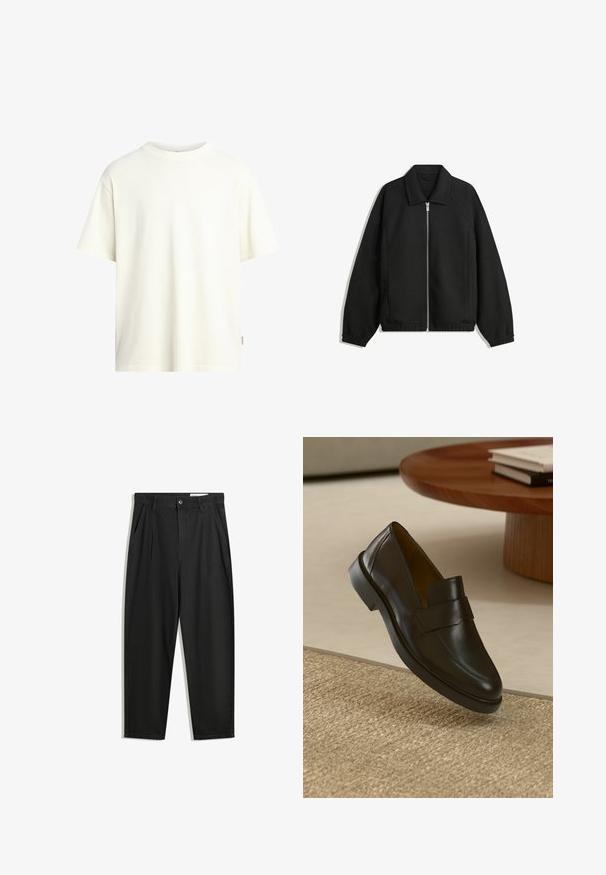 Schwarze Jacke aus strukturiertem Stoff, mit vollem Reißverschluss auf der Vorderseite, Kragen und elastischen Manschetten, im entspannten Schnitt und mit seitlichen Taschen.; T-Shirt mit kurzen Ärmeln und Rundhalsausschnitt in Off-White, aus weichem Baumwollstoff gefertigt, mit geradem Schnitt und minimalistischem Design ohne Muster.; Schwarze Baumwollhose mit lockerem Schnitt, ausgestattet mit einem klassischen Bund, vorderen Falten und Seiten taschen. Glatte Textur ohne Muster.; Schwarzer Lederloafer mit glatter Oberfläche, abgerundetem Zeh und dekorativem Riemen über dem oberen Teil. Niedriger Gummihacken, platziert auf einer strukturierten Oberfläche.