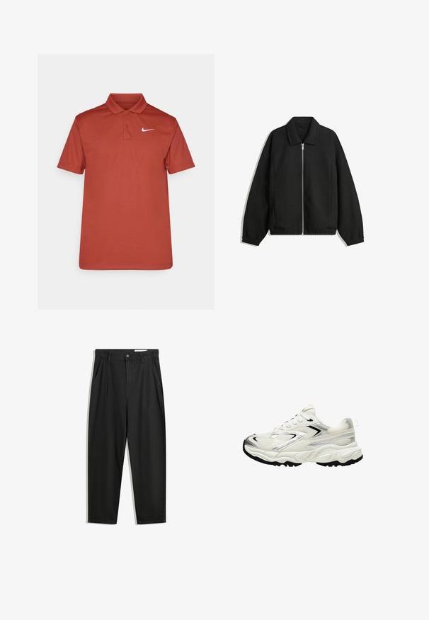 Fekete kabát texturált anyagból, teljes elöl cipzárral, gallérral és rugalmas mandzsettákkal, laza szabással és oldalsó zsebekkel.; Piros póló sima anyagból, klasszikus gallérral és három gombbal, bal mellrészen fehér Nike logóval.; Fekete pamut nadrág laza szabással, klasszikus derékrésszel, elülső hajtásokkal és oldalsó zsebekkel. Simább textúra minta nélkül.; Fehér sneaker hálós felsőrésszel, ezüst kiegészítőkkel, fekete talppal és textúrázott panelek nélkül. Fűzhető kialakítással és kerek orral rendelkezik.