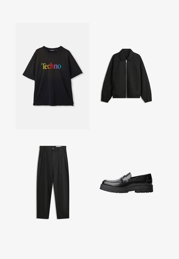 Czarna kurtka z teksturowanej tkaniny, z pełnym zamkiem z przodu, kołnierzem i elastycznymi mankietami, o luźnym kroju i kieszeniach po bokach.; Czarna koszulka z krótkim rękawem z napisem „Techno” wydrukowanym dużymi, kolorowymi literami na klatce piersiowej, z delikatnymi zniszczeniami w okolicy dekoltu.; Czarne bawełniane spodnie o luźnym kroju, z klasycznym pasem, przednimi plisy oraz bocznymi kieszeniami. Gładka struktura, bez wzorów.; Czarne skórzane mokasyny z grubą, bieżnikowaną podeszwą i dekoracyjnym paskiem na górze, pokazane w lewym profilu na białym tle.