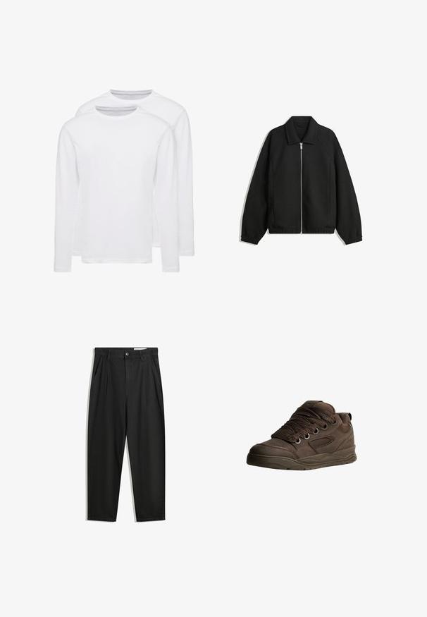 Musta takki, joka on valmistettu teksturoidusta kankaasta ja jossa on koko etuvetoketju, kaulus ja joustavat hihansuut. Takissa on rento istuvuus ja sivutaskut.; Kaksi pitkähihaista valkoista T-paitaa, jotka on valmistettu pehmeästä puuvillasta. Niissä on pyöreä kaula-aukko ja sileä, tasainen tekstuuri ilman kuvioita tai korostuksia.; Mustat puuvillahousut rentoa mallia, joissa on klassinen vyötärö, etukangastukset ja sivutaskut. Sileä pinta ilman kuvioita.; Ruskeat urheilukengät, jotka on valmistettu sileästä synteettisestä materiaalista. Varustettu paksuilla nauhoilla, verkko-akkenteilla, pehmustetulla nilkkasaumalla ja teksturoidulla kumipohjalla.
