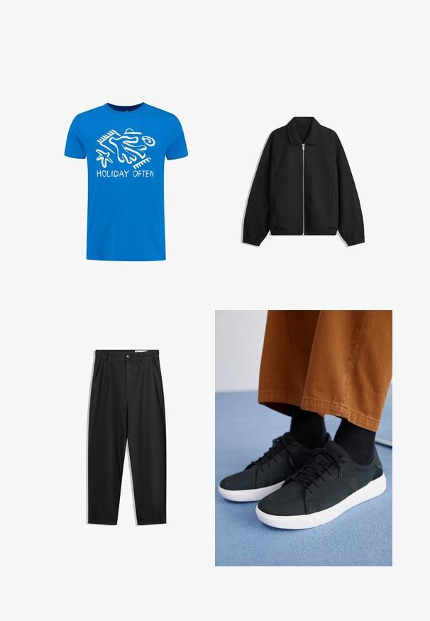 Černá bunda vyrobená z texturované látky, s plným předním zipem, límcem a elastickými manžetami, s volným střihem a bočními kapsami.; Shiwi Triko s potiskem - skydive blue; Černé bavlněné kalhoty s uvolněným střihem, klasickým pasem, předními záhyby a bočními kapsami. Hladká textura bez vzorů.; Černé semišové tenisky s bílými gumovými podešvemi, s šněrovacím designem, texturovanými detaily a jemným logem, spárované s hnědými kalhotami.