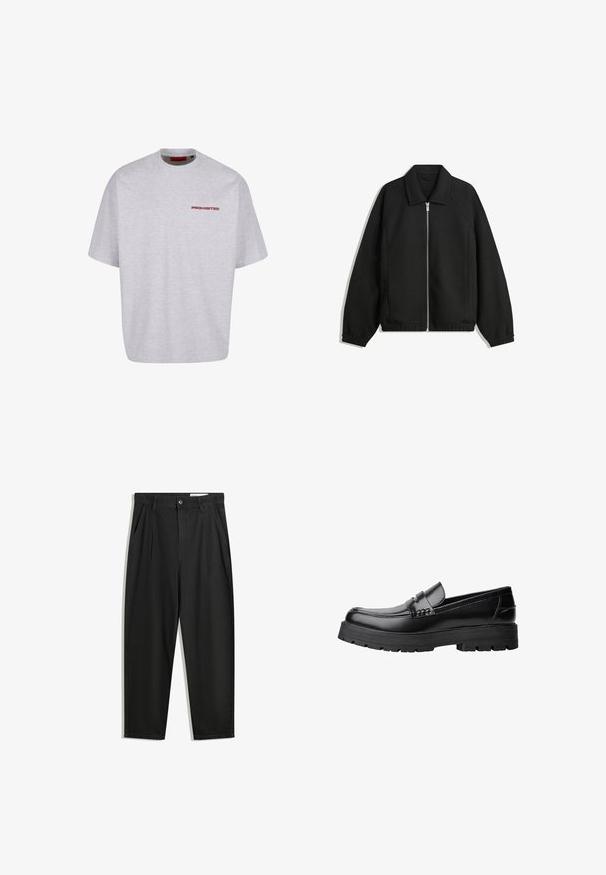 Musta takki, joka on valmistettu teksturoidusta kankaasta ja jossa on koko etuvetoketju, kaulus ja joustavat hihansuut. Takissa on rento istuvuus ja sivutaskut.; Harmaa puuvillainen t-paita pyöreällä kaula-aukolla, löysällä leikkauksella, lyhyillä hihoilla ja edessä punaisella tekstillä "KIELLETTY".; Mustat puuvillahousut rentoa mallia, joissa on klassinen vyötärö, etukangastukset ja sivutaskut. Sileä pinta ilman kuvioita.; Musta nahkainen loaferi, jossa on paksu urheilupohja ja koristeellinen hihna yläpääkkeellä, esitettynä vasemman sivuprofiilin kuvassa valkoista taustaa vasten.