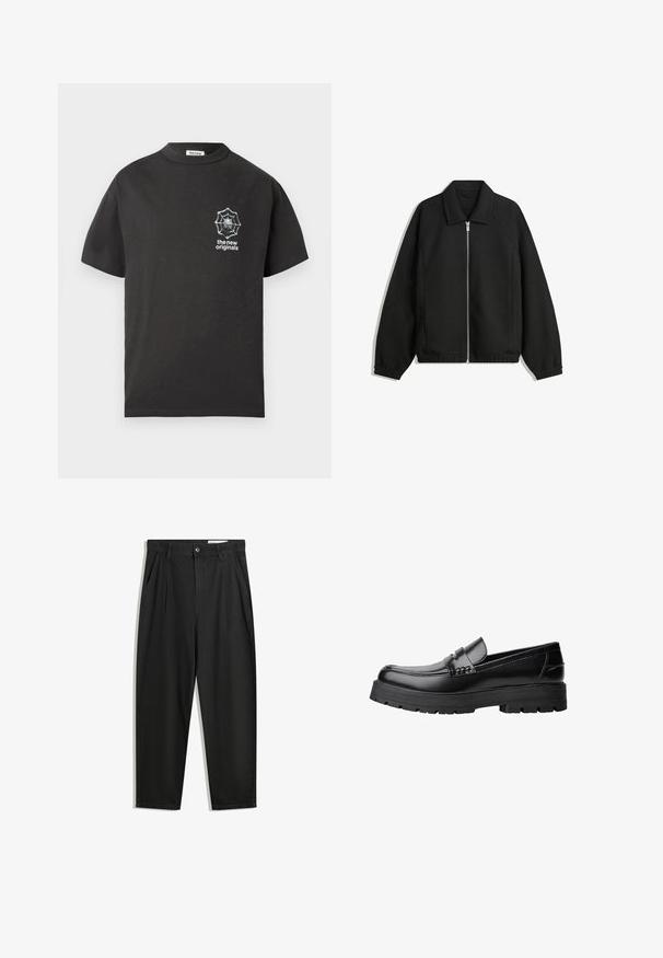 Veste noire en tissu texturé, dotée d'une fermeture éclair sur toute la longueur, d'un col et de poignets élastiques avec une coupe décontractée et des poches latérales.; T-shirt en coton noir avec un col rond et des manches courtes. Présente un motif de toile d'araignée blanche sur le côté gauche de la poitrine. Design simple et décontracté.; Pantalon en coton noir avec une coupe décontractée, dotés d'une taille classique, de plis à l'avant et de poches latérales. Texture lisse sans motifs.; Mocassin en cuir noir avec semelle épaisse à motifs et une sangle décorative sur le dessus, présenté en profil sur le côté gauche sur fond blanc.
