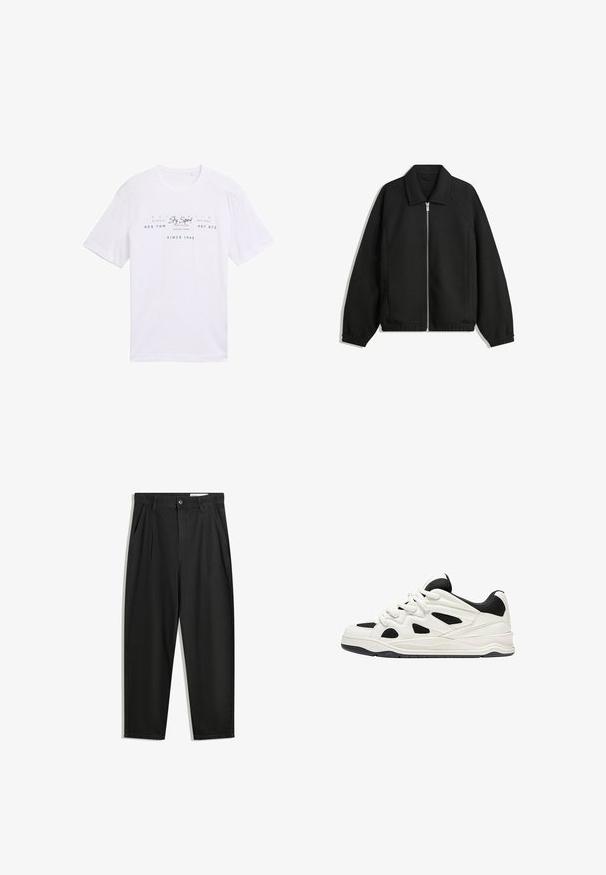 Jachetă neagră dintr-un material texturat, cu fermoar frontal complet, guler și manșete elastice, având o croială lejeră și buzunare laterale.; Tricou alb din bumbac, cu mâneci scurte. Are un text albastru pe față: "Echipa Cerului," "Tom Tailor," și "Din 1962," împreună cu diverse modele.; Pantaloni negri din bumbac cu croială lejeră, având un brâu clasic, plii frontale și buzunare laterale. Textură netedă fără modele.; Adidași albi și negri cu o talpă texturată, având desene decupate pe laterale și șireturi, și un călcâi căptușit pentru susținere.