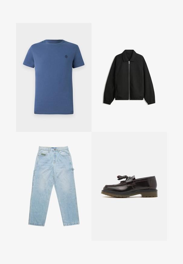Černá bunda vyrobená z texturované látky, s plným předním zipem, límcem a elastickými manžetami, s volným střihem a bočními kapsami.; Modré triko s kulatým výstřihem vyrobené z bavlny, s krátkými rukávy a malým tmavým logem stromu na levé části hrudi.; Světle modré denimové džíny s volnějším střihem, designem s pěti kapsami a viditelným šitím. Na přední kapse se nachází značka.; Hnědé kožené mokasíny s tkaným vzorem, detaily v podobě třásní a plochou gumovou podrážkou. Mají hladký povrch a kontrastní švy.