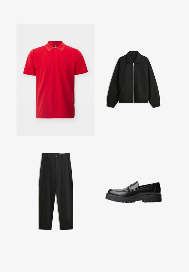Fekete kabát texturált anyagból, teljes elöl cipzárral, gallérral és rugalmas mandzsettákkal, laza szabással és oldalsó zsebekkel.; Björn Borg ACE - Pólóing - samba; Fekete pamut nadrág laza szabással, klasszikus derékrésszel, elülső hajtásokkal és oldalsó zsebekkel. Simább textúra minta nélkül.; Fekete bőr loaferek vastag, bordázott talppal és díszcsíkkal az upper rész felett, bal oldali profilmódban, fehér háttér előtt.