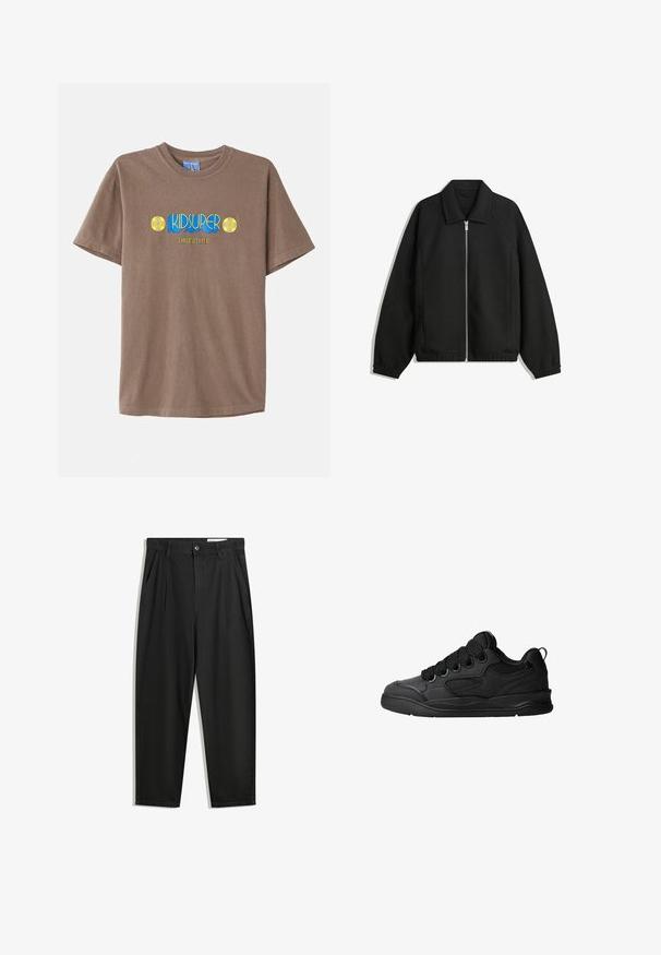 Černá bunda vyrobená z texturované látky, s plným předním zipem, límcem a elastickými manžetami, s volným střihem a bočními kapsami.; Hnědý bavlněný tričko s modrou a žlutou grafikou, na které je nápis "KIDSUPER FOOTBALL CLUB", s kruhovými květinovými akcenty po obou stranách.; Černé bavlněné kalhoty s uvolněným střihem, klasickým pasem, předními záhyby a bočními kapsami. Hladká textura bez vzorů.; Černé tenisky s texturovaným svrškem, obsahující šněrování, síťované detaily pro prodyšnost, polstrovaný límec a pevnou podrážku.