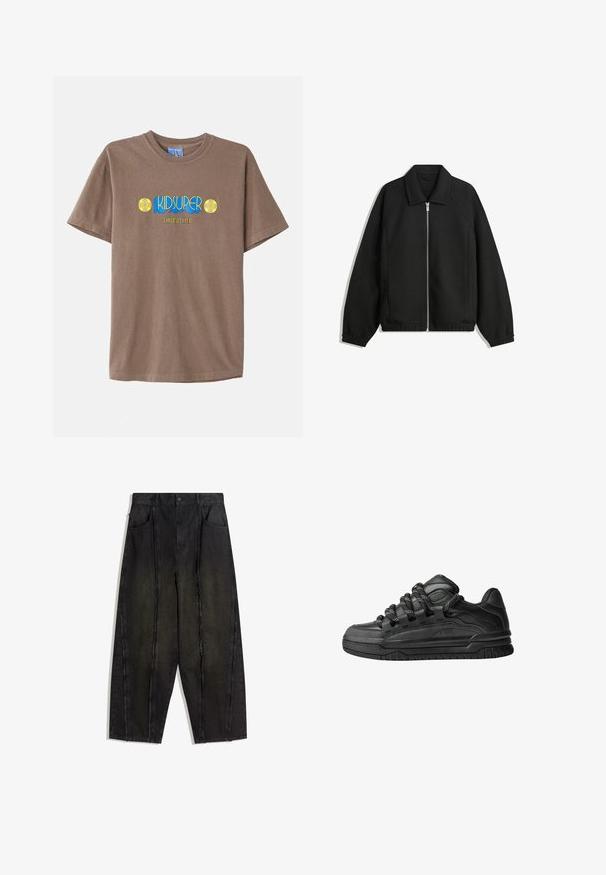 Črna jakna iz teksturirane tkanine, z dvostranskim zadrgo spredaj, ovratnikom in elastičnimi manšeti, sproščenega kroja in stranskimi žepi.; Rjava bombažna majica s kratkimi rokavi, ki prikazuje modro in rumeno grafiko z napisom "KIDSUPER FOOTBALL CLUB," obkroženo s krožnimi cvetličnimi motivi na obeh straneh.; Črne široke jeans hlače z vidnimi šivi in razpršenimi robovi, ki imajo dve sprednji žepi in visok pas.; Črne superge z gladkim usnjenim zgornjim delom, teksturiranimi detajli in okroglimi črnimi ter belimi vezalkami. Debel gumijast podplat z vzorčastim profilom.