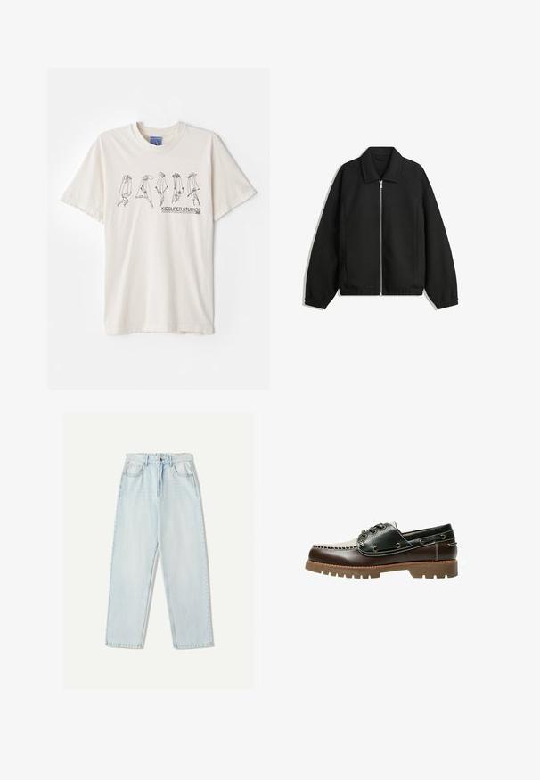 Crna jakna izrađena od teksturirane tkanine, s punim prednjim zatvaračem, ovratnikom i elastičnim manžetama, opuštenog kroja i bočnim džepovima.; Majica od pamuka boje kreme s kratkim rukavima, s crnim apstraktnim dizajnom i natpisom "KIDSUPER STUDIOS" u sredini.; Svijetloplave traperice s opuštenim krojem, ravnim nogavicama, pet džepova i suptilnim izbljeđivanjem na tkanini.; Smeđe i crne kožne cipele za čamce s vezicama, kontrastnim šavovima i teksturiranim gumenim potplatom. Imaju metalne obrube za vezice i zaobljeni vrh.