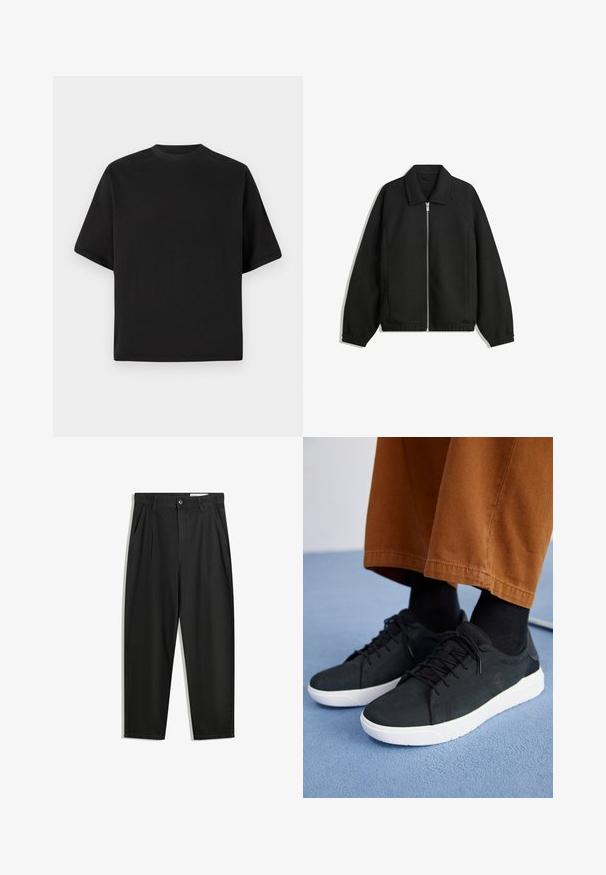 Veste noire en tissu texturé, dotée d'une fermeture éclair sur toute la longueur, d'un col et de poignets élastiques avec une coupe décontractée et des poches latérales.; T-shirt noire à manches courtes au fit ample, fabriquée en coton lisse, avec un col rond et un design minimaliste.; Pantalon en coton noir avec une coupe décontractée, dotés d'une taille classique, de plis à l'avant et de poches latérales. Texture lisse sans motifs.; Baskets en suede noir avec semelles en caoutchouc blanc, présentant un design à lacets, des accents texturés et une branding discrète, associées à un pantalon marron.