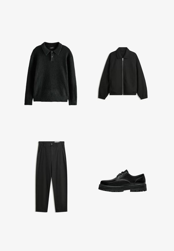 Črna jakna iz teksturirane tkanine, z dvostranskim zadrgo spredaj, ovratnikom in elastičnimi manšeti, sproščenega kroja in stranskimi žepi.; Črn pulover z teksturo, ki ima ovratnik, tri gumbe in dolge rokave. Narejen iz mehkega, puhastega materiala.; Črne bombažne hlače s sproščenim krojem, ki vključujejo klasičen pas, sprednje gube in stranske žepke. Gladka tekstura brez vzorcev.; Črne usnjene vezalne čevlje z zaobljenim nosom, teksturirano površino in debelim gumijastim podplatom z globokimi utori za oprijem.