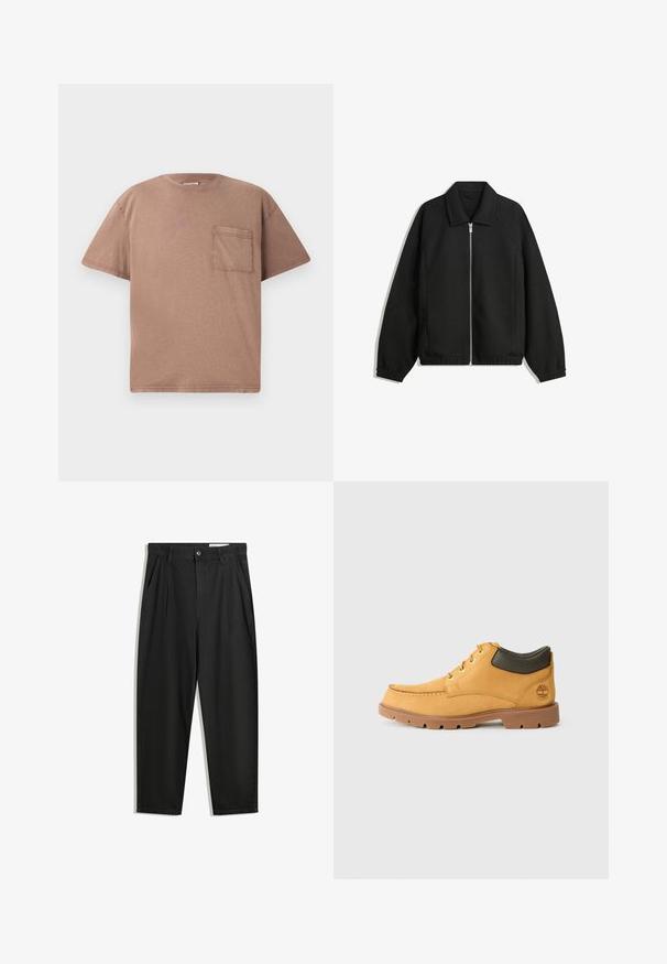 Čierna bunda vyrobená z textúrovaného materiálu, s plným predným zipsom, golierom a elastickými manžetami, so voľnejším strihom a bočnými vreckami.; Tričko s krátkymi rukávmi a okrúhlym výstrihom v svetlohnedej bavlne, s jedným vreckom na hrudi a jemnou textúrou. Priamy strih s čistými okrajmi.; Čierne bavlnené nohavice s voľným strihom, s klasickým pásom, prednými záhybmi a bočnými vreckami. Hladká textúra bez vzorov.; Žlté kožené topánky s hnedou gumovou podrážkou, okrúly špička a zeleným koženým detailom okolo členku. Obsahujú zlaté očká a akcenty na šití.