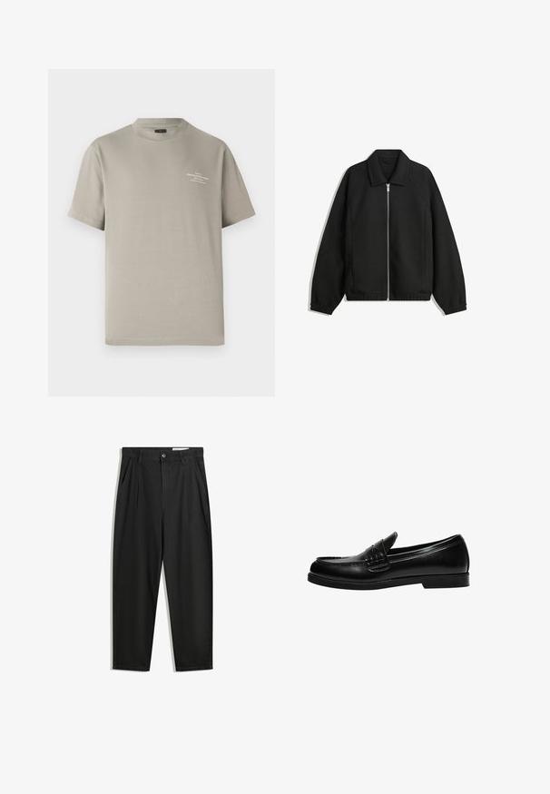 Black jacket made of textured fabric, featuring a full front zip, collar, and elastic cuffs with a relaxed fit and side pockets.; Khaki short-sleeved t-shirt with a crew neckline, made of cotton, featuring a small printed text detail on the upper left chest area.; Black cotton trousers with a relaxed fit, featuring a classic waistband, front pleats, and side pockets. Smooth texture without patterns.; Black leather loafer with a smooth finish, featuring a stitch detail on the vamp and a low, solid black rubber sole.