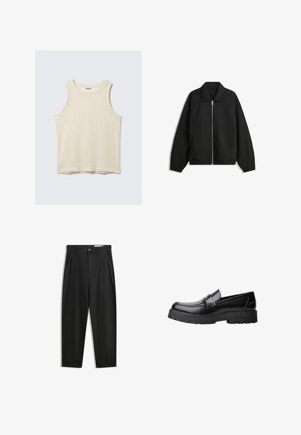 Sort jakke lavet af struktureret stof, med fuld frontlynlås, krave og elastiske mansjetter, i en afslappet pasform og sidelommer.; Cremefarvet ribbet tanktop med rund halsudskæring og brede skulderstropper. Blød tekstur med et enkelt design. Labelen læser "WEEKDAY."; Sorte bomuldsbukser med en afslappet pasform, der har en klassisk talje, frontfolder og sidelommer. Glat tekstur uden mønstre.; Sort læderloafer med kraftig sål og dekorativ rem henover, vist i venstre sideprofil på hvid baggrund.