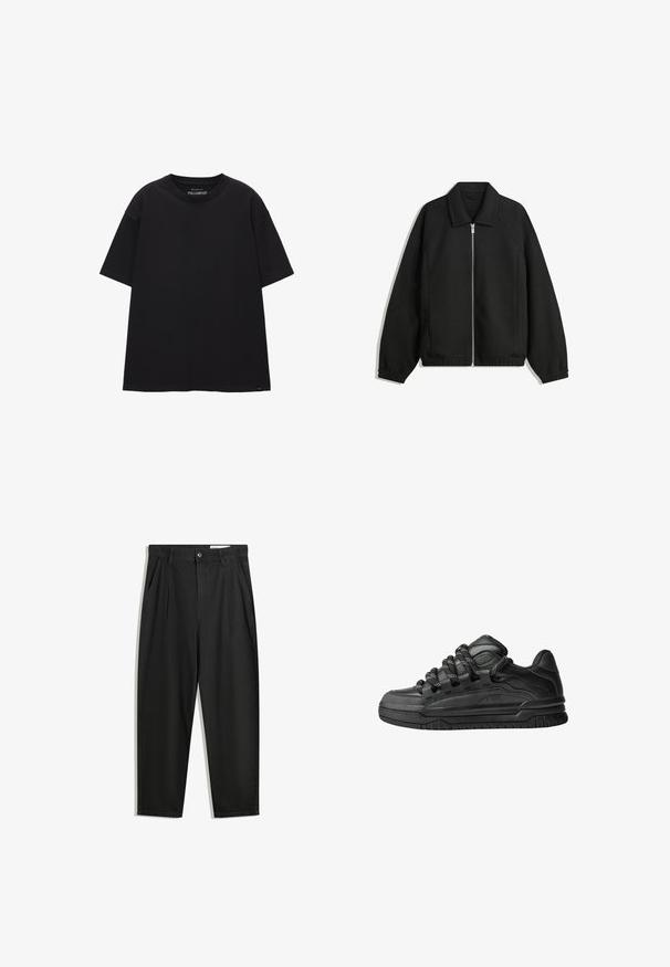 Černá bunda vyrobená z texturované látky, s plným předním zipem, límcem a elastickými manžetami, s volným střihem a bočními kapsami.; Černé tričko volného střihu vyrobené z bavlny. Má kulatý výstřih, krátké rukávy a jednoduchý design bez vzorů nebo akcentů.; Černé bavlněné kalhoty s uvolněným střihem, klasickým pasem, předními záhyby a bočními kapsami. Hladká textura bez vzorů.; Černé tenisky s hladkým koženým svrškem, texturovanými akcenty a kulatými černobílými tkaničkami. Silná gumová podrážka s vzorovaným dezénem.