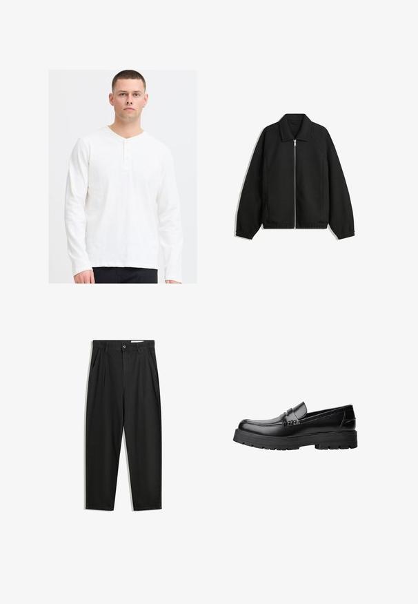 Zwarte jas van textuurstof, met een volledige rits aan de voorkant, een kraag, elastische manchetten, een ontspannen pasvorm en zijzakken.; Langarm, witte henleyshirt gemaakt van zacht stoffen met een V-halslijn en een drieknoopsluiting. Eenvoudig, textuur ontwerp met een ontspannen pasvorm.; Zwarte katoenen broeken met een losse pasvorm, voorzien van een klassieke tailleband, voorplooien en zijzakken. Gladde structuur zonder patronen.; Zwarte leren loafer met een chunky profielzool en een decoratieve band over de bovenkant, weergegeven in het linkerzijprofiel op een witte achtergrond.