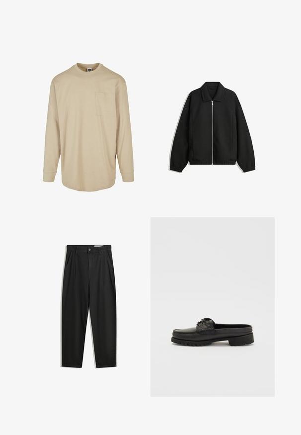 Sort jakke lavet af struktureret stof, med fuld frontlynlås, krave og elastiske mansjetter, i en afslappet pasform og sidelommer.; Beige langærmet T-shirt lavet af bomuld. Har en rund halsudskæring, en lomme på venstre bryst og en standard pasform med forstærkede manchetter.; Sorte bomuldsbukser med en afslappet pasform, der har en klassisk talje, frontfolder og sidelommer. Glat tekstur uden mønstre.; Sorte læderslipsko med snøre-detalje, rund tå og tekstureret sål. Har en let hævet hæl og glat overflade.