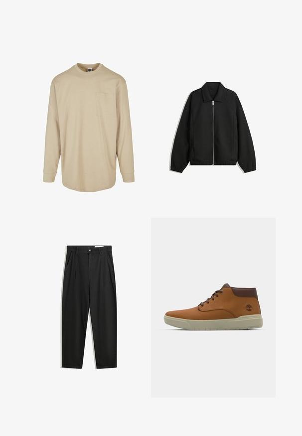 Sort jakke lavet af struktureret stof, med fuld frontlynlås, krave og elastiske mansjetter, i en afslappet pasform og sidelommer.; Beige langærmet T-shirt lavet af bomuld. Har en rund halsudskæring, en lomme på venstre bryst og en standard pasform med forstærkede manchetter.; Sorte bomuldsbukser med en afslappet pasform, der har en klassisk talje, frontfolder og sidelommer. Glat tekstur uden mønstre.; Brune læder ankelstøvler med en glat overflade, rund tå, snørebåndsdesign og en lys beige sål. Indeholder et lille trælogo på siden.