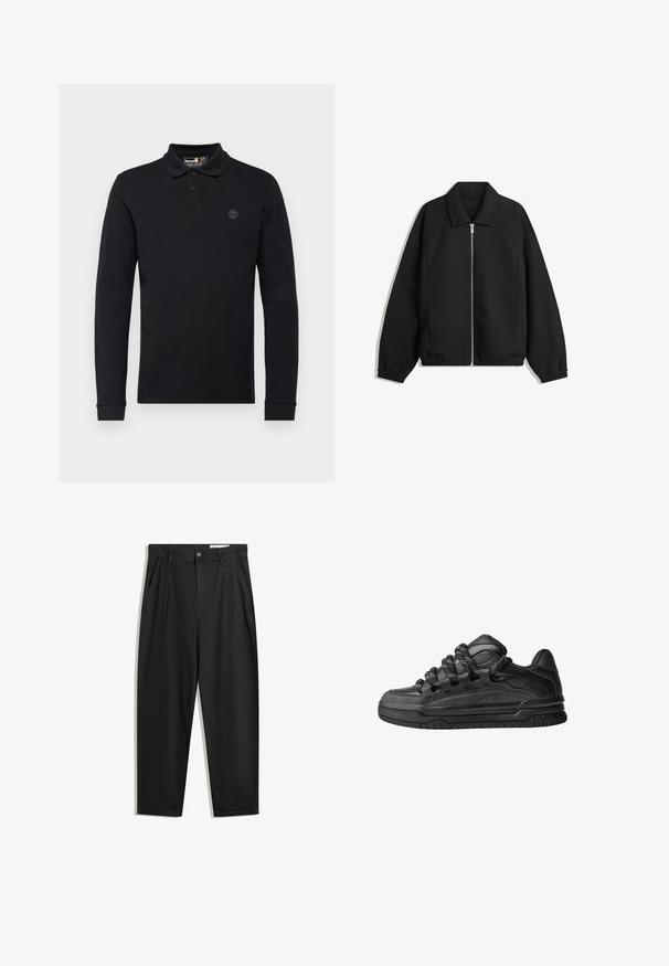 Čierna bunda vyrobená z textúrovaného materiálu, s plným predným zipsom, golierom a elastickými manžetami, so voľnejším strihom a bočnými vreckami.; Timberland MILLERS RIVER MILLERS RIVER - Top s dlhým rukávom - black; Čierne bavlnené nohavice s voľným strihom, s klasickým pásom, prednými záhybmi a bočnými vreckami. Hladká textúra bez vzorov.; Čierne tenisky s hladkým koženým zvrškom, štruktúrovanými akcentami a okrúhlymi čierno-bielymi šnúrkami. Hrubá gumená podrážka s vzorovaným dezénom.