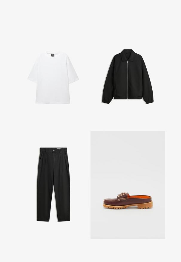 Giacca nera in tessuto texturizzato, con zip frontale a tutta lunghezza, colletto e polsini elasticizzati, dalla vestibilità rilassata e con tasche laterali.; T-shirt bianco oversize con maniche corte, scollo rotondo e tessuto di cotone morbido. Presenta un'etichetta nera al collo. Nessun motivo o accento.; Pantaloni in cotone neri con una vestibilità rilassata, dotati di una vita classica, pieghe frontali e tasche laterali. Tessuto liscio senza fantasie.; Scarpa slip-on in pelle marrone con punta arrotondata, dettagli di cucitura testurizzata, occhielli dorati e suola esterna rigata color beige. L'interno è di un vivace arancione.