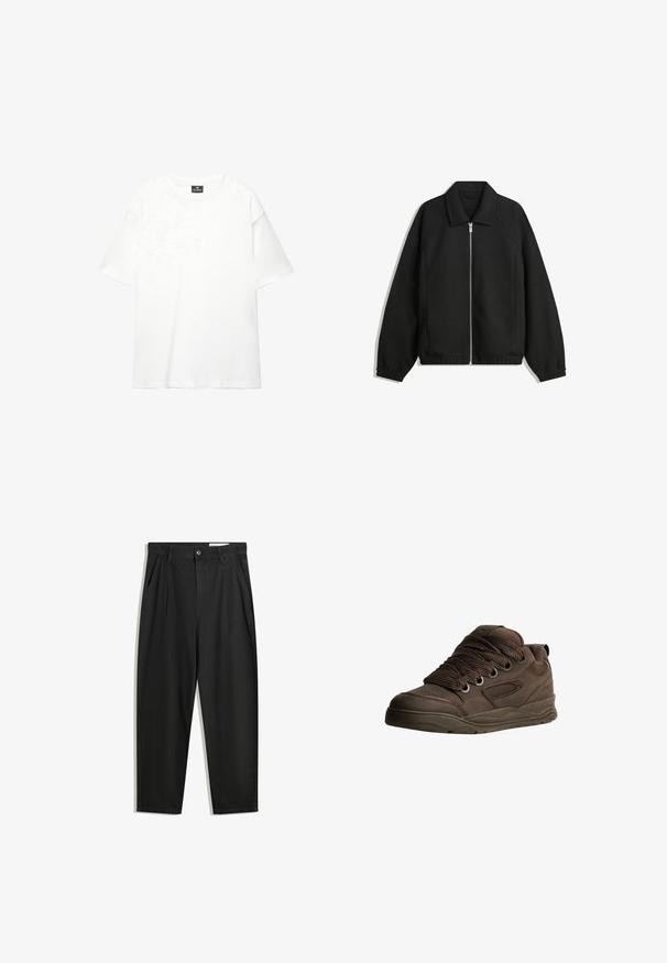 Giacca nera in tessuto texturizzato, con zip frontale a tutta lunghezza, colletto e polsini elasticizzati, dalla vestibilità rilassata e con tasche laterali.; T-shirt bianco oversize realizzato in cotone morbido e liscio; presenta maniche corte, un collo a giro e un design pulito e senza decorazioni.; Pantaloni in cotone neri con una vestibilità rilassata, dotati di una vita classica, pieghe frontali e tasche laterali. Tessuto liscio senza fantasie.; Scarpe atletiche marroni realizzate in materiale sintetico liscio. Caratterizzate da lacci spessi, dettagli in rete, collo imbottito e suola in gomma testurizzata.