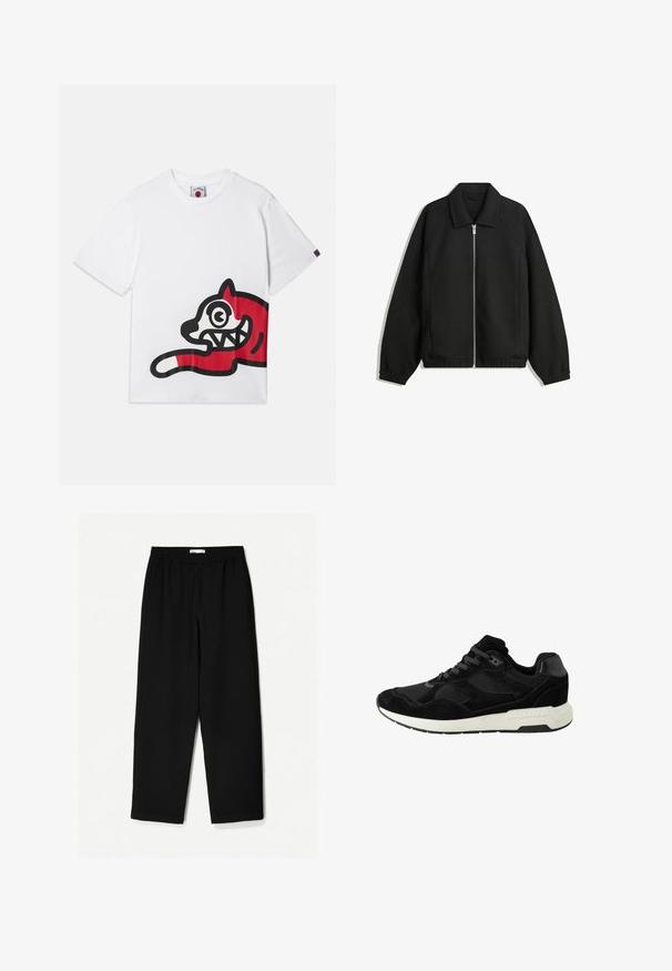 Čierna bunda vyrobená z textúrovaného materiálu, s plným predným zipsom, golierom a elastickými manžetami, so voľnejším strihom a bočnými vreckami.; Biely bavlnený tričko so veľkým červeným a čiernym grafikom karikatúrneho mačky s prehnanými očami a zubami, umiestnené na boku.; Čierne nohavice s širokými nohavicami vyrobené z ľahkej tkaniny. Majú elasticitu v páse a hladký povrch. Bez viditeľných vzorov alebo kovania.; Čierna atletická obuv vyrobená zo semišu a sieťoviny, s okrúhlou špičkou, šnurovaním a bielou gumovou podrážkou s textúrovanými akcentmi.