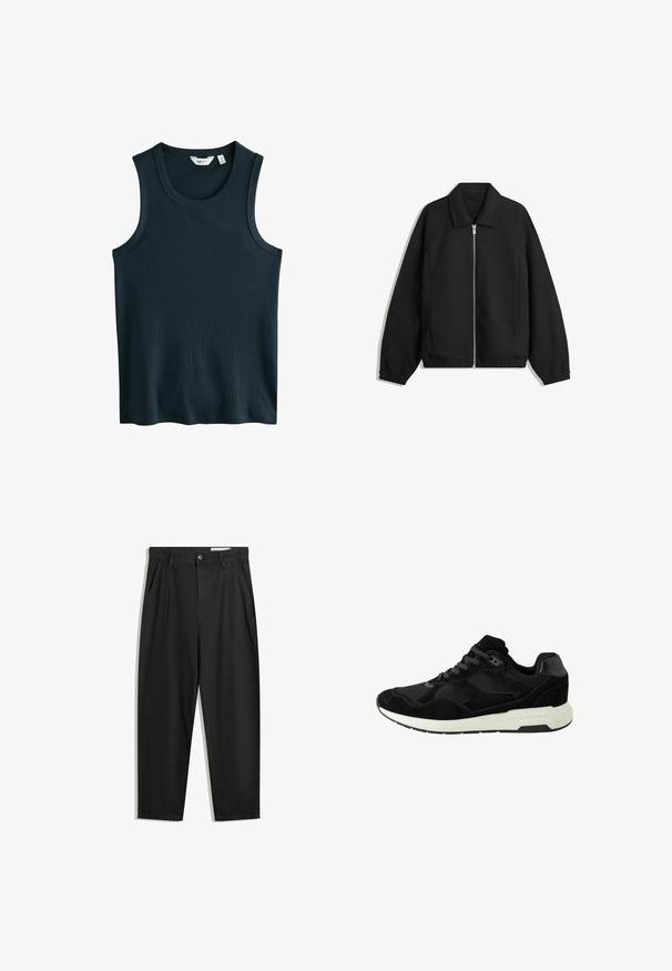 Jachetă neagră dintr-un material texturat, cu fermoar frontal complet, guler și manșete elastice, având o croială lejeră și buzunare laterale.; Top tank de culoare bleu închis, cu un guler rotund și bretele late. Fără modele sau accente vizibile. Fabricat dintr-un material moale și elastic.; Pantaloni negri din bumbac cu croială lejeră, având un brâu clasic, plii frontale și buzunare laterale. Textură netedă fără modele.; Pantof cu aspect sport, de culoare neagră, fabricat din suede și plasă, având vârful rotund, sistem de închidere cu șireturi și o talpă din cauciuc albă cu accente texturate.