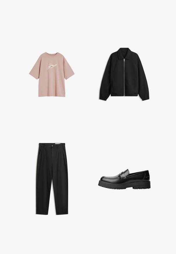 Schwarze Jacke aus strukturiertem Stoff, mit vollem Reißverschluss auf der Vorderseite, Kragen und elastischen Manschetten, im entspannten Schnitt und mit seitlichen Taschen.; Staubrosa, oversized T-Shirt aus weichem Baumwollmaterial, mit einem dezenten Grafikdesign auf der Vorderseite. Kurze Ärmel und runder Halsausschnitt.; Schwarze Baumwollhose mit lockerem Schnitt, ausgestattet mit einem klassischen Bund, vorderen Falten und Seiten taschen. Glatte Textur ohne Muster.; Schwarzer Lederloafer mit grobem, rutschfestem Sohlenprofil und dekorativem Riemen über der Oberseite, seitlich links auf weißem Hintergrund abgebildet.