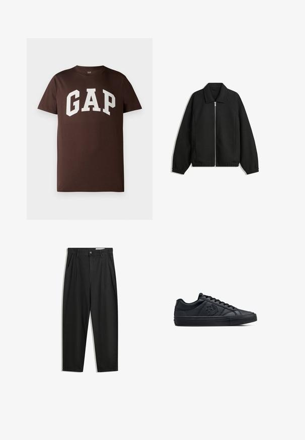 Giacca nera in tessuto texturizzato, con zip frontale a tutta lunghezza, colletto e polsini elasticizzati, dalla vestibilità rilassata e con tasche laterali.; T-shirt in cotone marrone con il logo "GAP" bianco in un carattere bold e collegiale. Maniche corte e collo tondo. Texture liscia.; Pantaloni in cotone neri con una vestibilità rilassata, dotati di una vita classica, pieghe frontali e tasche laterali. Tessuto liscio senza fantasie.; Sneaker neri a basse con tomaia in pelle liscia e suola in gomma testurizzata, dotati di lacci tondi e logo a stella sul lato.