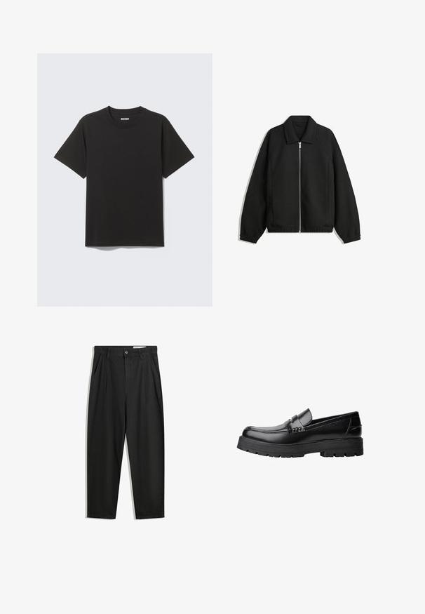 Sort jakke lavet af struktureret stof, med fuld frontlynlås, krave og elastiske mansjetter, i en afslappet pasform og sidelommer.; Sort T-shirt med korte ærmer lavet af blød bomuld, med rund halsudskæring og enkelt design uden mønstre eller accenter.; Sorte bomuldsbukser med en afslappet pasform, der har en klassisk talje, frontfolder og sidelommer. Glat tekstur uden mønstre.; Sort læderloafer med kraftig sål og dekorativ rem henover, vist i venstre sideprofil på hvid baggrund.