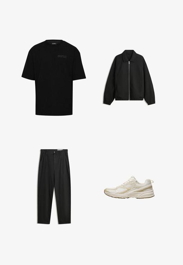 Zwarte jas van textuurstof, met een volledige rits aan de voorkant, een kraag, elastische manchetten, een ontspannen pasvorm en zijzakken.; Zwarte katoenen T-shirt met korte mouwen, ronde hals en subtiele "DROPSIZE" logo op de linkerborst. Standaard pasvorm.; Zwarte katoenen broeken met een losse pasvorm, voorzien van een klassieke tailleband, voorplooien en zijzakken. Gladde structuur zonder patronen.; Witte sportieve schoenen van mesh en synthetisch materiaal, met een afgeronde neus, een gevoerde zool en beige accenten aan de zijkanten.
