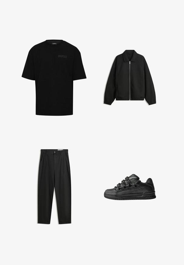 Sort jakke lavet af struktureret stof, med fuld frontlynlås, krave og elastiske mansjetter, i en afslappet pasform og sidelommer.; Sort bomulds-t-shirt med korte ærmer, rund halsudskæring og subtil "DROPSIZE" logo på venstre bryst. Standard pasform.; Sorte bomuldsbukser med en afslappet pasform, der har en klassisk talje, frontfolder og sidelommer. Glat tekstur uden mønstre.; Sorte sneakers med en glat læderoverdel, teksturerede accenter og runde sorte og hvide snørebånd. Tyk gummisål med et mønstret slidbanemønster.